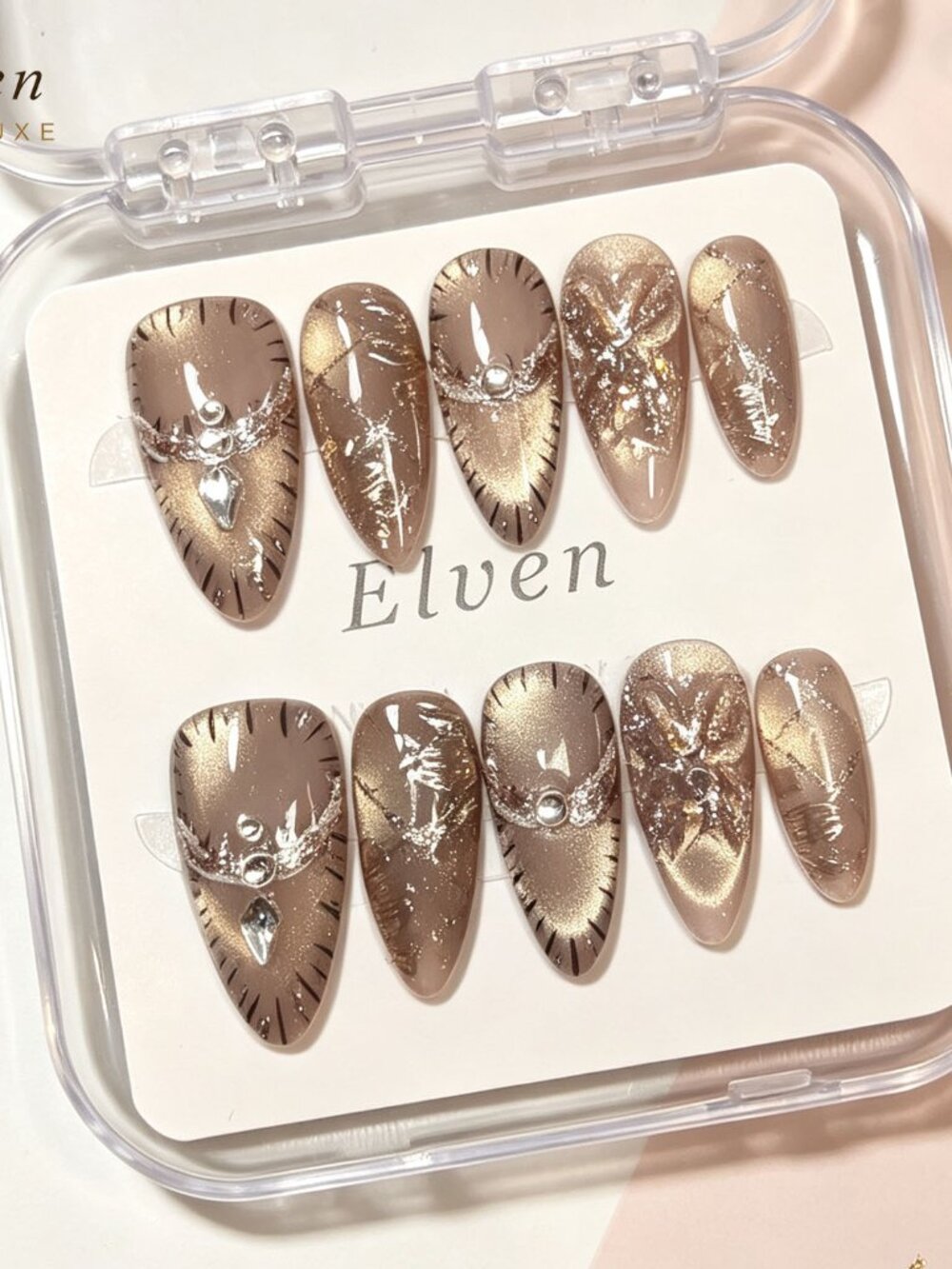 Taupe Metallic Marble Cat Eye Almond Press-On Nails with Gold Foil Accents